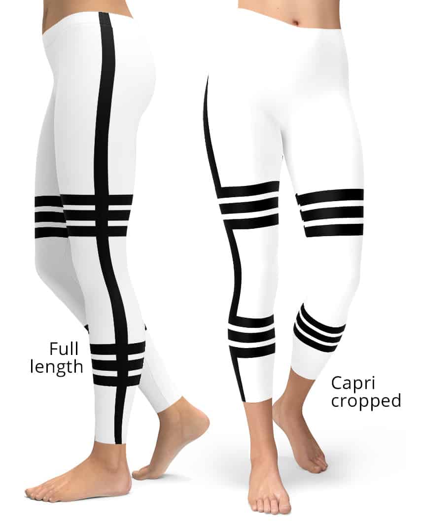 White Capri Leggings Womens Mid Waist Calf Length Pants w/Sports Stripes  Print