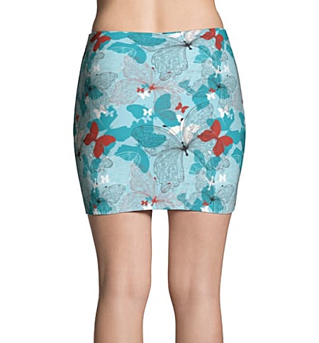 Blue and red butterfly art nouveau pattern printed mini skirt.