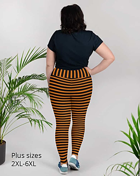 Horizontal Striped plus size Leggings - Full length or capri crop legging - Black & White, Pink, Red, Blue, Orange for Halloween