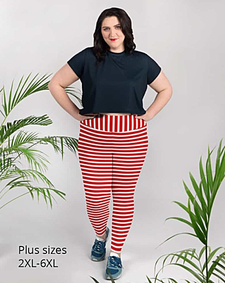 Horizontal Striped plus size Leggings - Full length or capri crop legging - Black & White, Pink, Red, Blue, Orange for Halloween