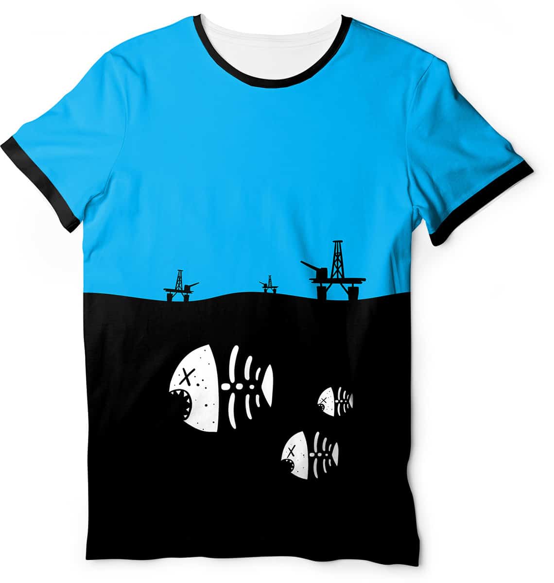 Fish Skeleton Oil Rig Environmental T-Shirt - Men's Short Sleeve (Size: L, Color: White)