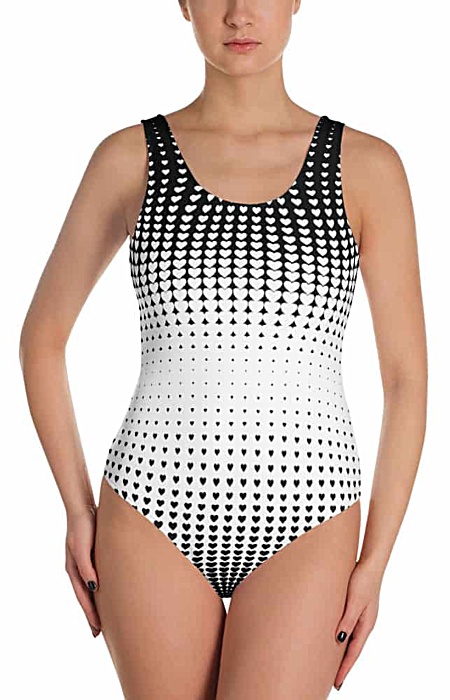 black and white polka dot halftone hearts bathing suit one piece - halftone swimsuit