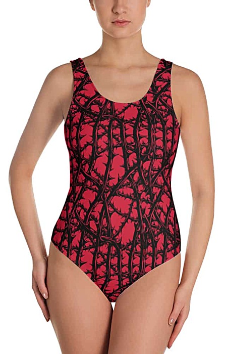Red Gothic swimsuit - Vine with thorns & jaggers one piece bathing suit