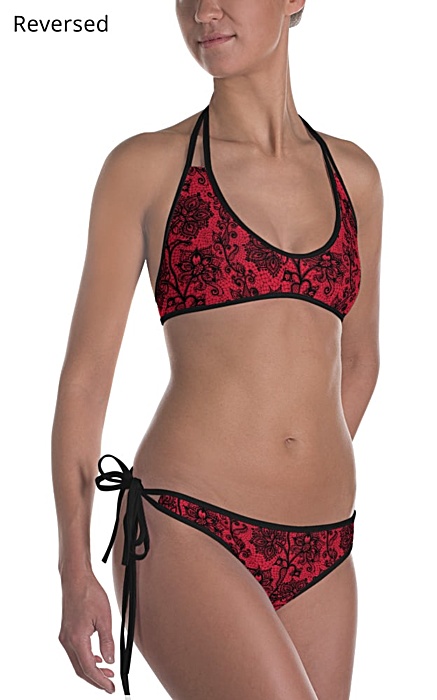 red or black and white lace bikini reversable bathing suit