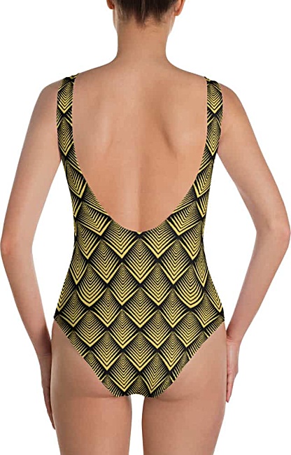art deco designer gold one piece bathing suit swim suit