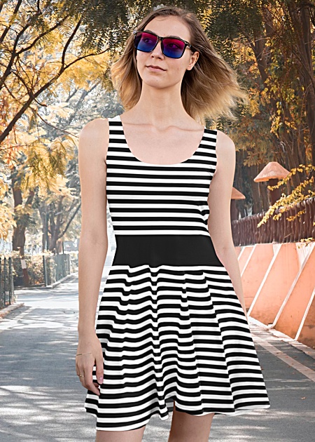 black & white stripes sundress strip flare skater dress