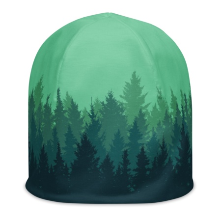 Winter Pine Forest Beanie Hat red green gold