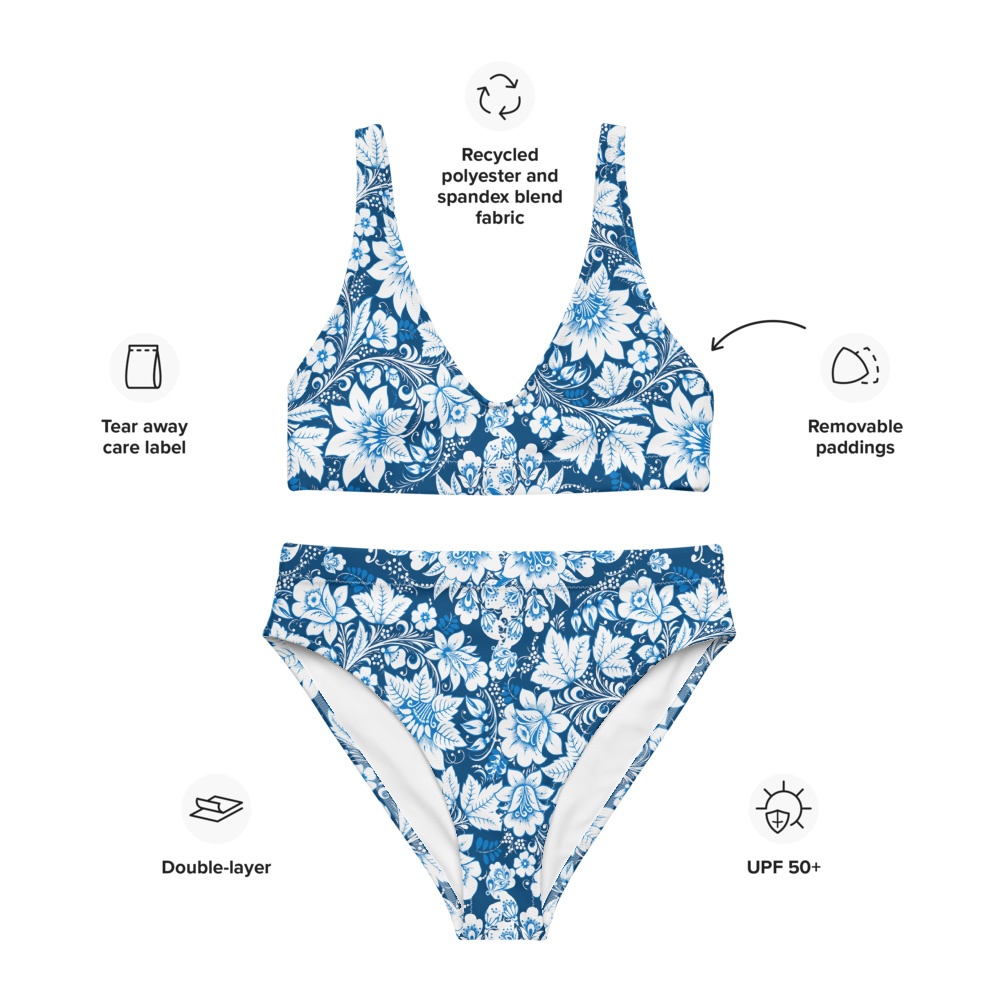 Porcelain Blue Floral Recycled High-Waisted Bikini - Designed By ...