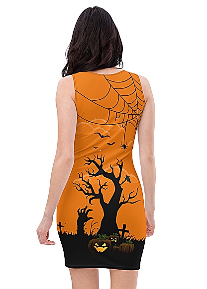 Orange Spooky Witch Full Moon Halloween Dress